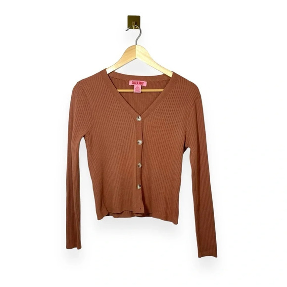 Coco & Shay Ribbed V-Neck Crop Cardigan Sweater in Brown Size XL - Picture 3 of 10